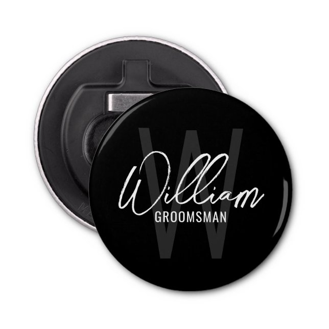 Black Modern Script Personalized Groomsmen Bottle Opener (Front)