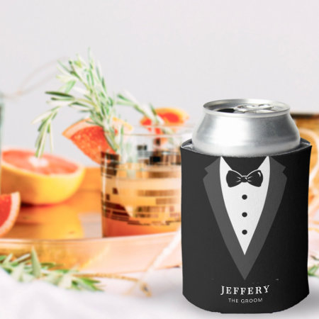 Black Modern Script Personalized Groomsmen Can Coo Can Cooler