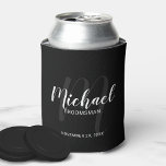 Black Modern Script Personalized Groomsmen Can Cooler<br><div class="desc">Add a personal touch to your wedding with personalized groomsmen can cooler. This can cooler features personalized groomsmen's name in white modern script font style and monogram in light grey modern script font style as background with title and wedding date in grey modern sans serif font style on black background....</div>