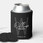 Black Modern Script Personalized Groomsmen Can Cooler<br><div class="desc">Modern Minimalist Personalized Monogram and Name Gifts This design features personalized name in white modern handwriting script font style and monogram in grey modern sans serif font style as background, with wedding details in white modern sans serif font style, on black background. Also perfect for best man, maid of honor,...</div>