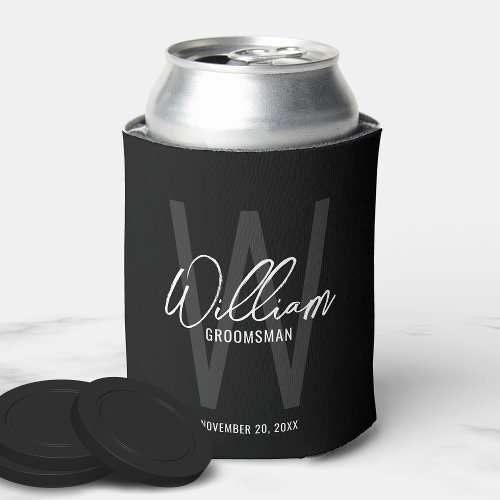 Black Modern Script Personalized Groomsmen Can Cooler