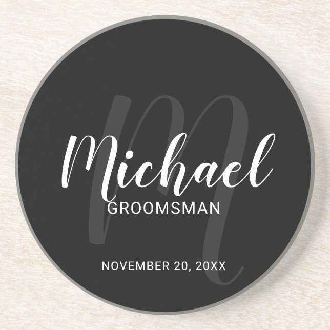 Black Modern Script Personalized Groomsmen Coaster (Front)