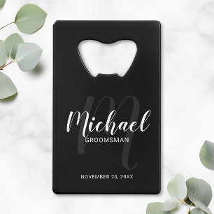 Black Modern Script Personalized Groomsmen Credit Card Bottle Opener