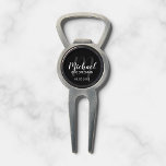 Black Modern Script Personalized Groomsmen Divot Tool<br><div class="desc">Add a personal touch to your wedding with personalized groomsmen divot tool. This divot tool features personalized groomsmen's name in white modern script font style and monogram in grey modern script font style as background with title and wedding date in white modern sans serif font style on black background. Also...</div>