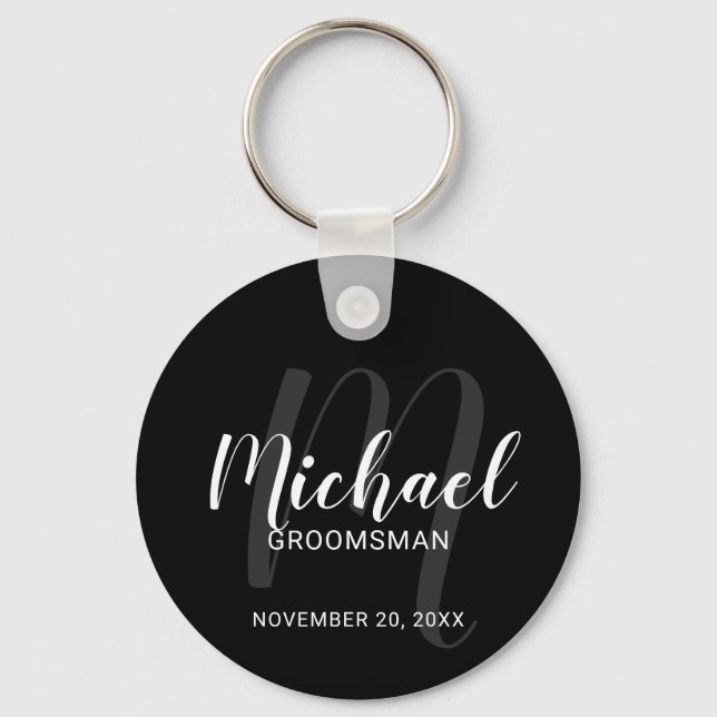 Black Modern Script Personalized Groomsmen Keychain (Front)