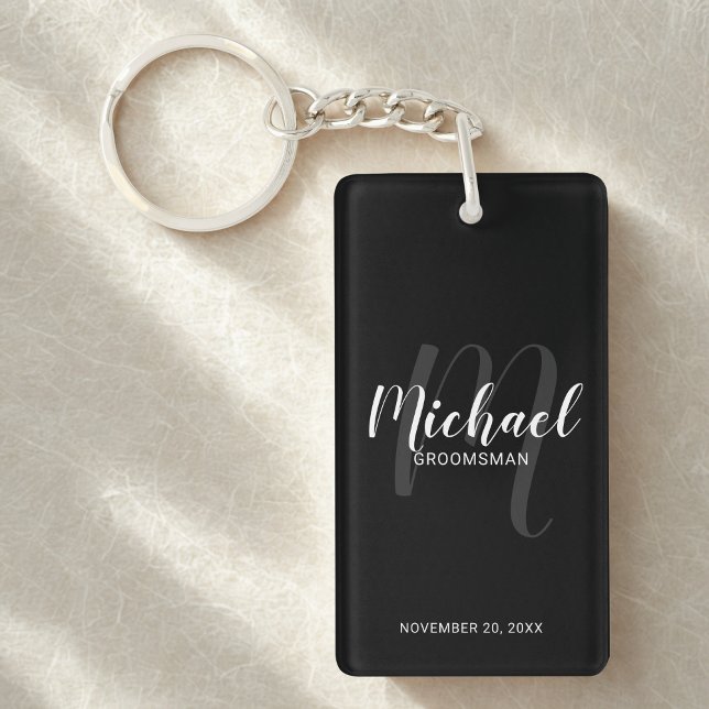 Black Modern Script Personalized Groomsmen Keychain (Creator Uploaded)
