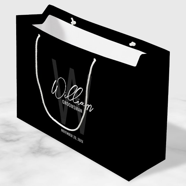 Black Modern Script Personalized Groomsmen Large Gift Bag (Creator Uploaded)