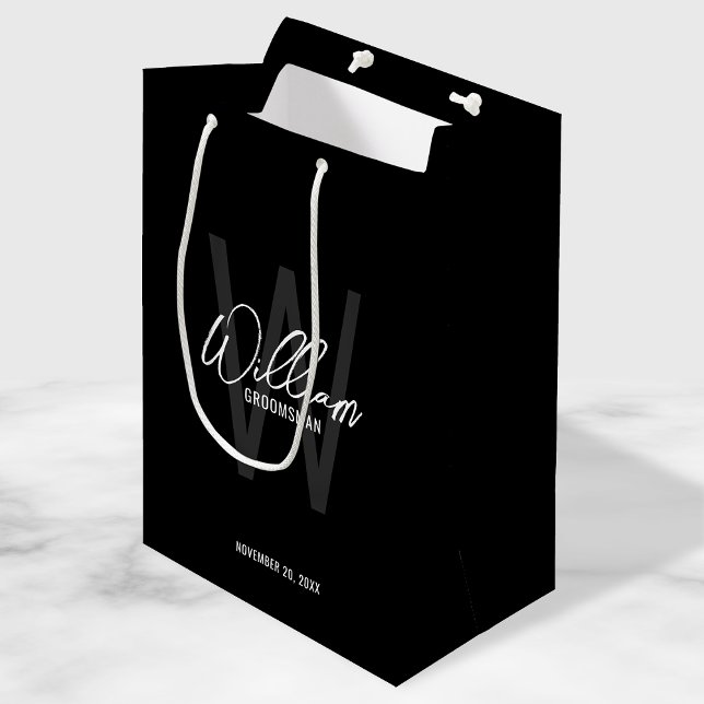 Black Modern Script Personalized Groomsmen Medium Gift Bag (Creator Uploaded)