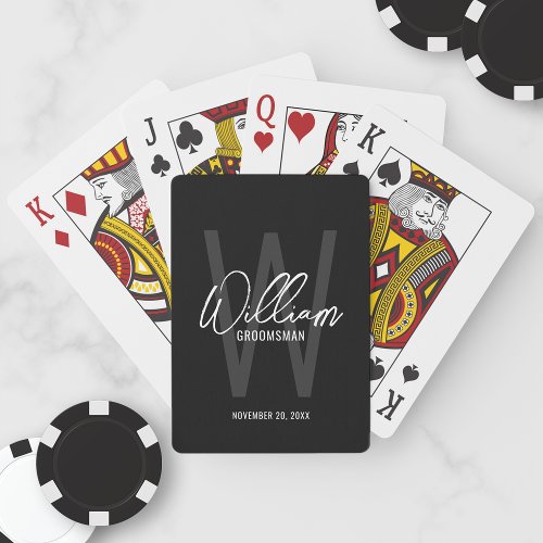 Black Modern Script Personalized Groomsmen Poker Cards