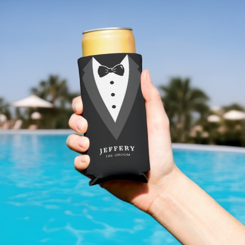 Black Modern Script Personalized Groomsmen  Seltzer Can Cooler