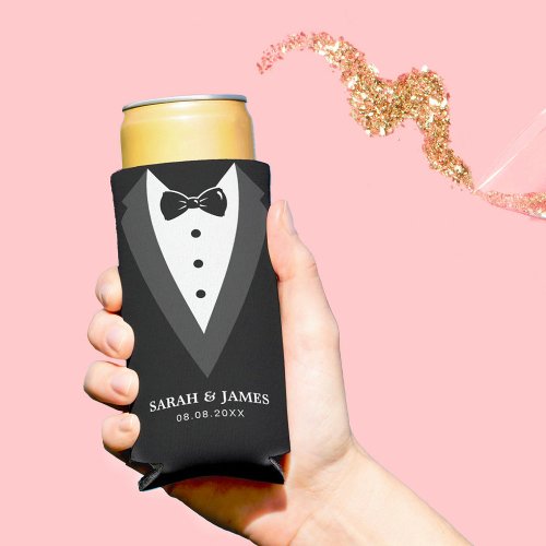 Black Modern Script Personalized Groomsmen  Seltzer Can Cooler