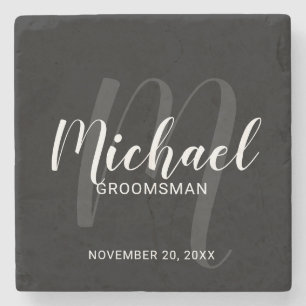 Black Modern Script Personalized Groomsmen Stone Coaster