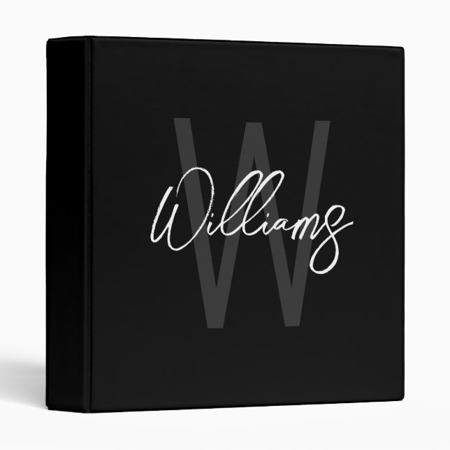 Black Modern Script Personalized Monogram and Name 3 Ring Binder (Front/Spine)