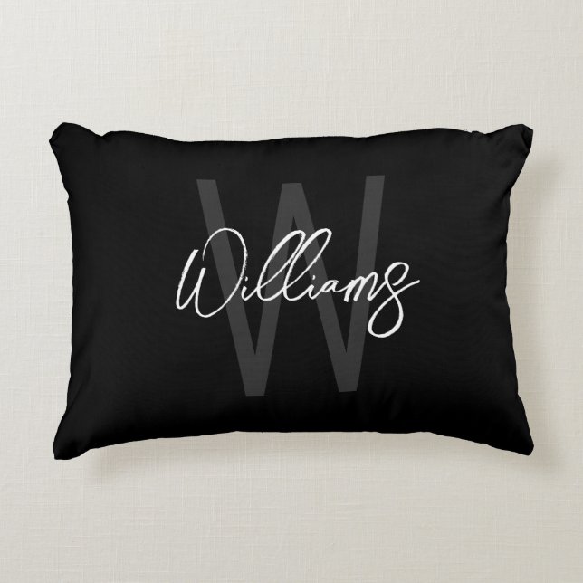 Black Modern Script Personalized Monogram and Name Accent Pillow (Front)