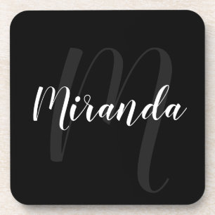 Black Modern Script Personalized Monogram and Name Beverage Coaster