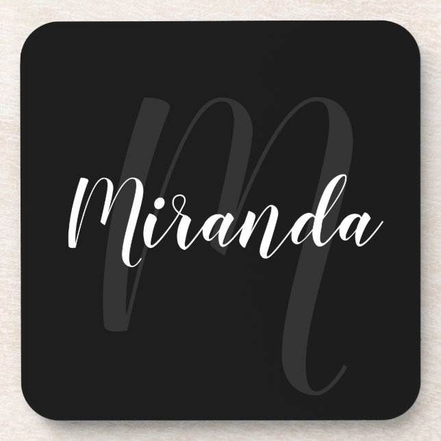 Black Modern Script Personalized Monogram and Name Beverage Coaster (Front)