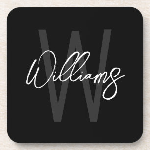 Black Modern Script Personalized Monogram and Name Beverage Coaster