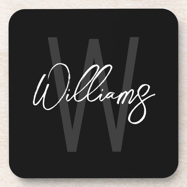 Black Modern Script Personalized Monogram and Name Beverage Coaster (Front)