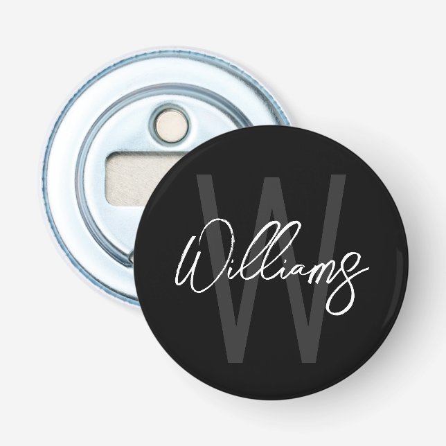 Black Modern Script Personalized Monogram and Name Bottle Opener (Front)