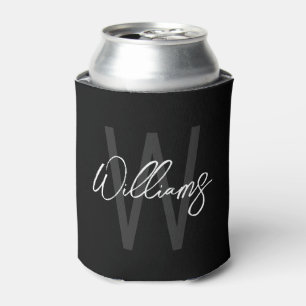 Black Modern Script Personalized Monogram and Name Can Cooler