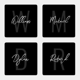 Black Modern Script Personalized Monogram and Name Coaster Set