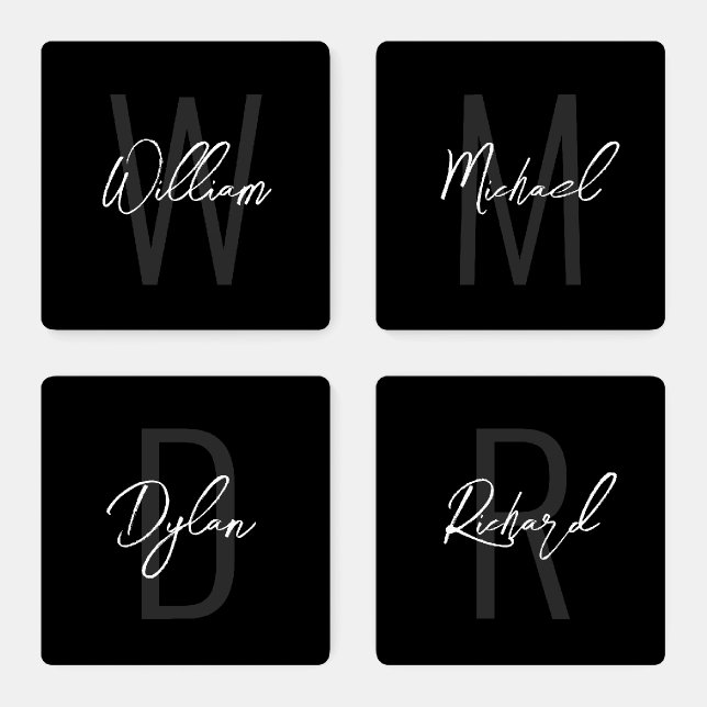 Black Modern Script Personalized Monogram and Name Coaster Set (Set)