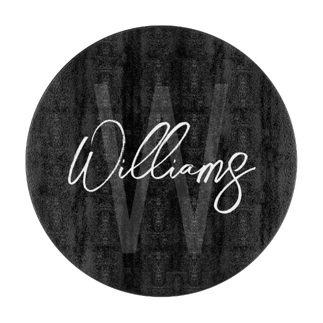 Black Modern Script Personalized Monogram and Name Cutting Board (Front)