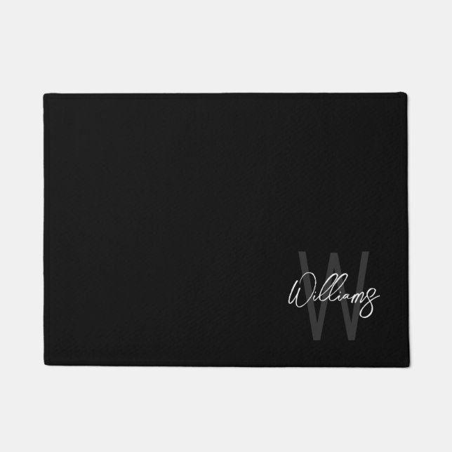 Black Modern Script Personalized Monogram and Name Doormat (Front)
