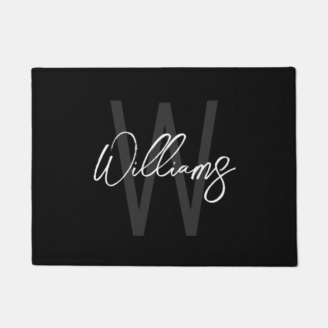 Black Modern Script Personalized Monogram and Name Doormat (Front)