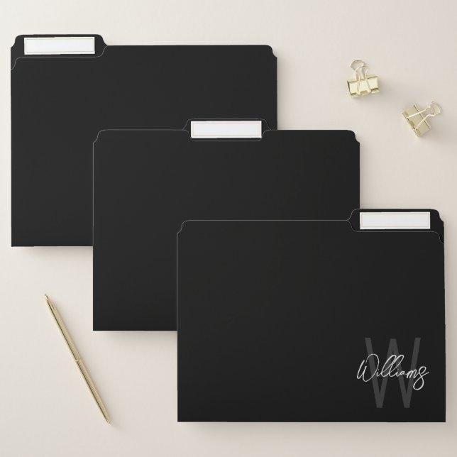 Black Modern Script Personalized Monogram and Name File Folder (Set)