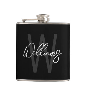 Black Modern Script Personalized Monogram and Name Flask