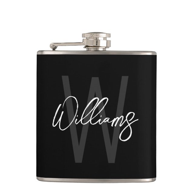 Black Modern Script Personalized Monogram and Name Flask (Front)
