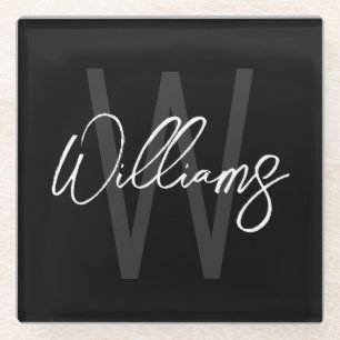 Black Modern Script Personalized Monogram and Name Glass Coaster