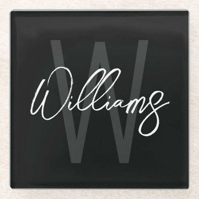 Black Modern Script Personalized Monogram and Name Glass Coaster (Front)