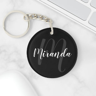 Black Modern Script Personalized Monogram and Name Keychain