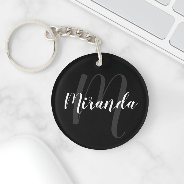 Black Modern Script Personalized Monogram and Name Keychain (Creator Uploaded)