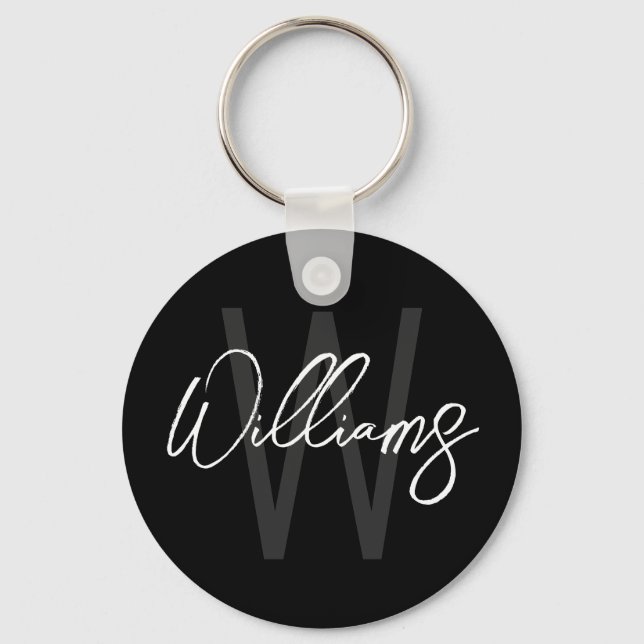 Black Modern Script Personalized Monogram and Name Keychain (Front)
