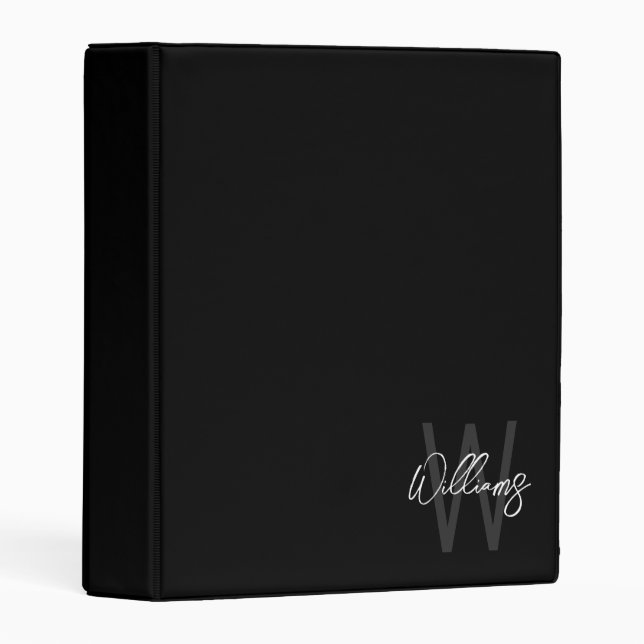 Black Modern Script Personalized Monogram and Name Mini Binder (Front/Spine)
