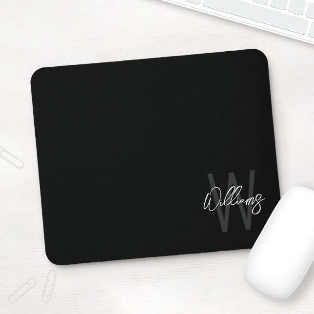Black Modern Script Personalized Monogram and Name Mouse Pad (Creator Uploaded)