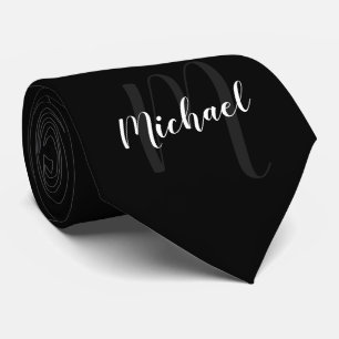 Black Modern Script Personalized Monogram and Name Neck Tie