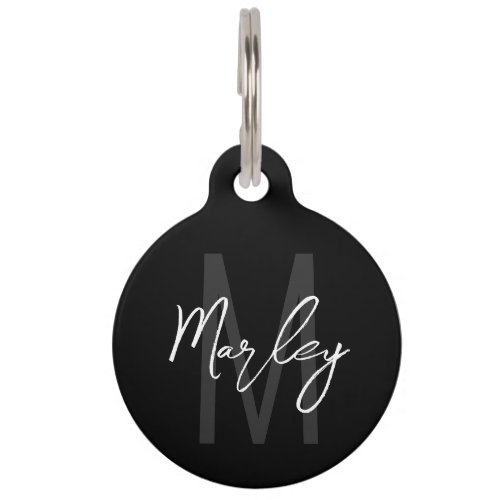 Black Modern Script Personalized Monogram and Name Pet ID Tag