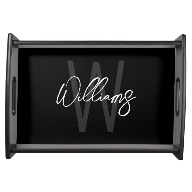 Black Modern Script Personalized Monogram and Name Serving Tray (Front)