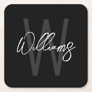 Black Modern Script Personalized Monogram and Name Square Paper Coaster