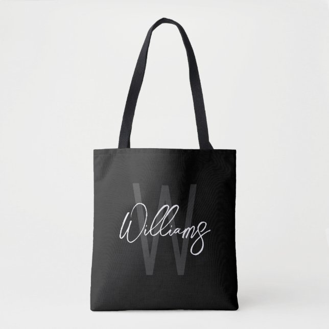 Black Modern Script Personalized Monogram and Name Tote Bag (Front)