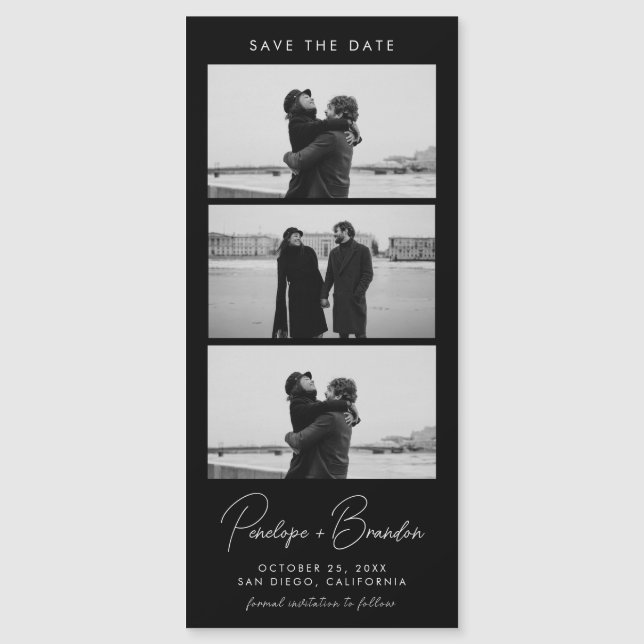 Black Modern Script Photo Strip Magnetic Wedding (Front)