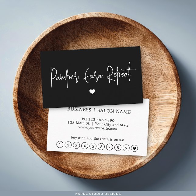 Black Modern Script Professional Loyalty Card (Customize rewards card with a name, contact, and promotion details.)
