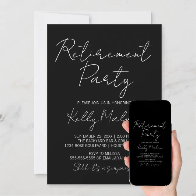 Black Modern Script Retirement Party Invitation | Zazzle