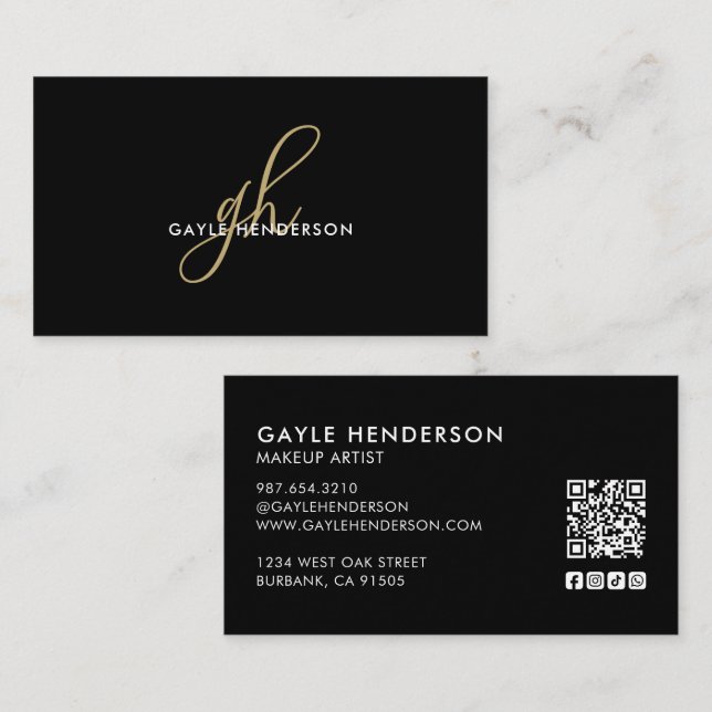 Black Modern Script Social Icon QR Code Monogram Business Card (Front/Back)