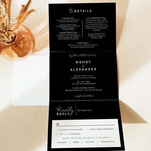 Black Modern Script Wedding All in One Tri_Fold Invitation