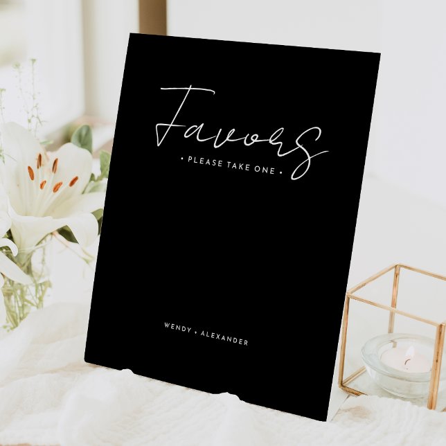 Black Modern Script Wedding Favors Pedestal Sign (Creator Uploaded)